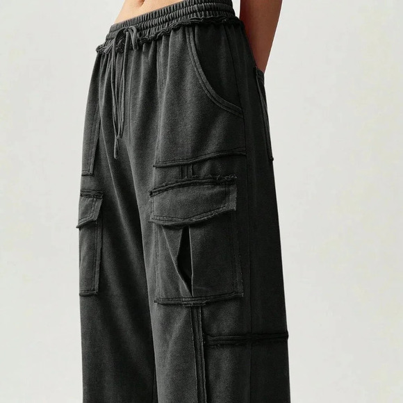 Black Casual Women's Vacation Knit Pockets Wide Leg Pants - Picture 4 of 8